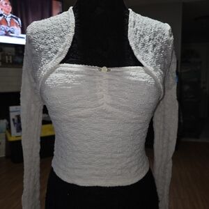 White Textured Long-Sleeve Shrug Top